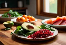 Foods That Help Support Testosterone Levels in Men Arrangement of fresh pomegranates, salmon, walnuts, and greens on kitchen counter