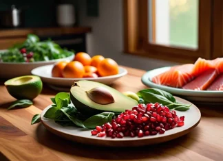 Foods That Help Support Testosterone Levels in Men Arrangement of fresh pomegranates, salmon, walnuts, and greens on kitchen counter