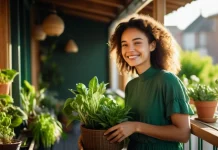 How to Flourish: Four Skills for Inner Well-Being Smiling person nurturing green plants on sunlit balcony showing vitality