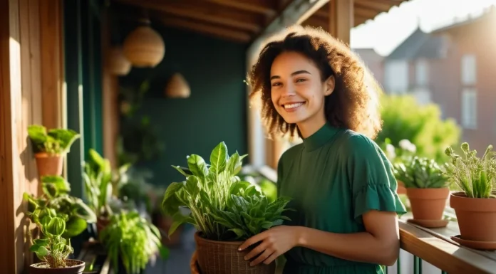 How to Flourish: Four Skills for Inner Well-Being Smiling person nurturing green plants on sunlit balcony showing vitality