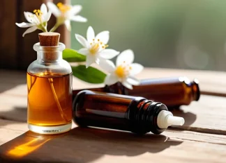 Neroli Essential Oil: 10 Proven Benefits for Skin, Mood and Wellbeing Amber dropper bottle of neroli oil surrounded by fresh white orange blossoms