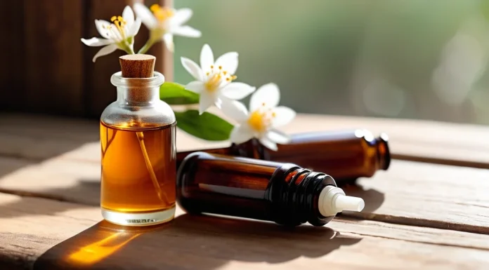 Neroli Essential Oil: 10 Proven Benefits for Skin, Mood and Wellbeing Amber dropper bottle of neroli oil surrounded by fresh white orange blossoms