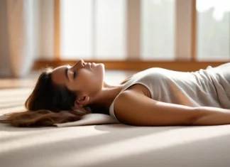 What Is Yoga Nidra? The Science Behind the Practice That Works While You Sleep Person relaxing in savasana pose under soft linen blanket practicing yoga nidra