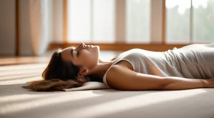 What Is Yoga Nidra? The Science Behind the Practice That Works While You Sleep Person relaxing in savasana pose under soft linen blanket practicing yoga nidra