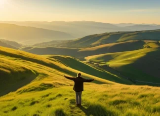 Develop An Abundance Mindset Person on sunlit hillside overlooking vast valley with abundance mindset