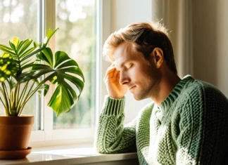 Foggy Brain Causes And Treatment Person resting temples near sunny window seeking mental clarity