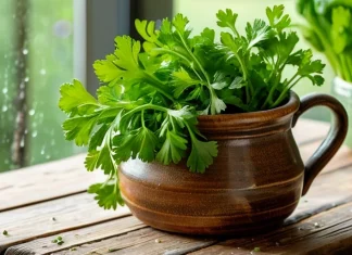 Uses And Health Benefits Of Cilantro Fresh vibrant green cilantro bunch in ceramic pitcher on wooden board