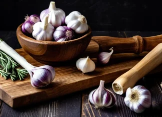 Health Benefits and Uses For Garlic Whole white and purple garlic bulbs with peeled cloves on rustic board