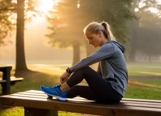 Exercise That Can Help Through Addiction Recovery Determined runner tying shoes at sunrise focused on recovery and strength