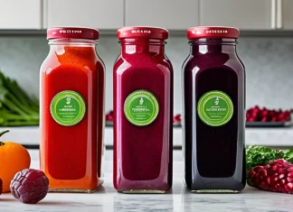 The Pros and Cons Of Juicing Three glass bottles of colorful cold-pressed vegetable and fruit juices on marble counter