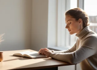 How Meditation Can Help You With Your Daily Work Professional practicing a mindful meditation pause at clean minimalist office desk