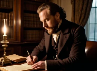 Inspiration and Genius Distinguished 19th century author contemplating at mahogany library writing desk