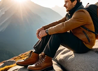 Little Pebble Hiker pausing on scenic mountain trail to remove a pebble from shoe