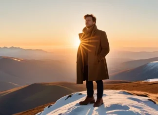 Believe in Yourself Confident individual standing strong on scenic ridge looking toward morning horizon